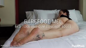 Barefoot Mel Red Toes and Cum Covered Soles