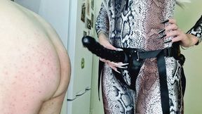 Close-up of anal sex with strapon  Dominatrix clings to slave's ass with her nails and fucks ass