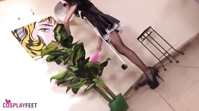 Sexy French maid in pantyhose upskirt and foot massage