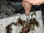 Touching snow with cock , pee and cum in snow