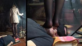 Alice trampling on a head in nylons (two view)