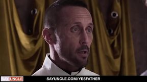 When the priest is finally ready to penetrate the boy, he bends him down and shoves big dick up his ass while the boy&rsquo_s moans fill the room