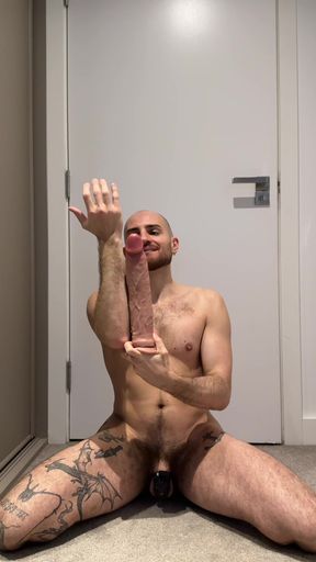 Hungry Locked Bottom Playing with Huge 10 Inches Monster Dildo