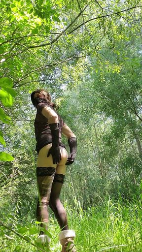 Sissy crossdresser outdoors, walking in public
