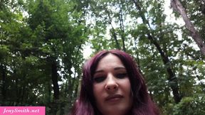 Hot MILF Jeny Smit taunts with big ass anal dildo in the woods