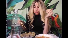 Italian Mistress Ties Up and Teases Her Skinny Slave at Dinner