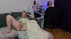Horny Blonde BBW Wife Can’t Wait for Her Husband to Stop Gaming and Makes Herself Cum