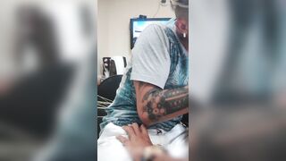 A black stud screaming in ache and taking hold of the inked ash-blonde stud's boner.