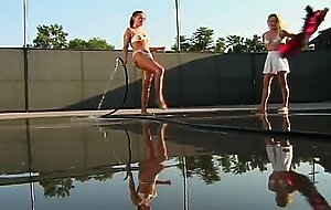 Two teens start lesbian masturbation on the tennis court