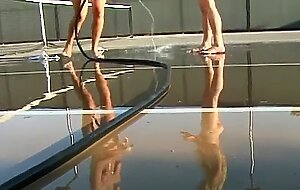 Two teens start lesbian masturbation on the tennis court