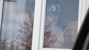 Public nudity Naked in public. Taxi driver watching a hot sexy woman Milf which in robe without panties and bra clean kitchen window Outdoors Outside Boobs Big natural tits Hairy pussy Blonde Voyeur