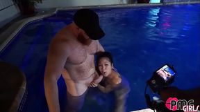 Asian slut takes big cock in pool, gets creampied