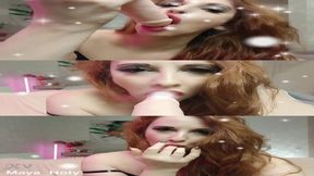 Blonde COUGAR with long curly hair teases with a enormous dildo while giving a