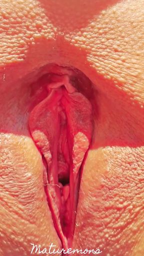 Horny mature shows super close up wide open cunt spread.   Clip 1