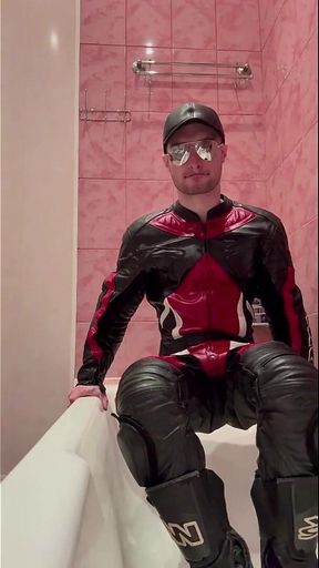 Leather Biker Kinkysirius Take a Shower in Motogear Fetish Outfit!