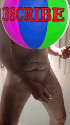 Handsome Mature Chubby with Big Fat Cock Shaving My Cock and Eggs in the Shower in Close-up