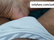 Foot fetish massaging and playing with bulge in white briefs
