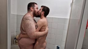 I lick the hairy fat man'_s ass and cum on his chest