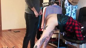 Inked Bitch Trapped in Bathroom, Hubby Spanks & Hammers Her Ass