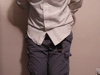Hopeless and chained man wets his panties