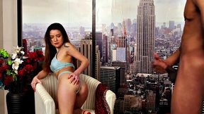 CFNM babe in high heels seduces naked guy with lingerie fetish