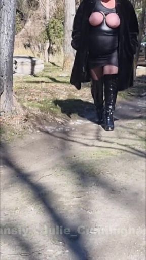 Julie Walking Through a Car Park Wearing Fur Coat, See Her Bound Tits Sticking Out