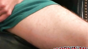 ”Stud passionately tugs on his huge cock after an interview”