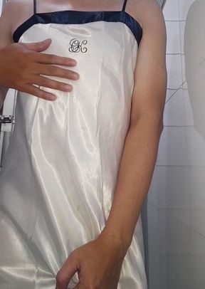 Satin long white lingerie fetish cum