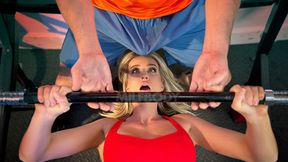 Blond babe Andi Avalon rides trainer's face after pulling down leggings