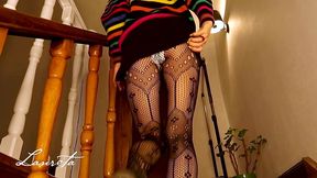 upskirt maxi pad in the office - brunette with long legs is humping a railing