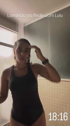 Woman in black swimsuit