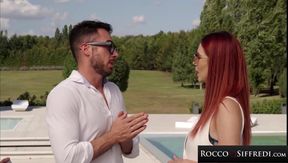 Redhead Secretary Enjoys Double Penetration Poolside with Two Huge Cocks