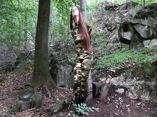 Soldier Gal Roped To Tree Camouflage Catsuit And Leather Boots