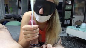 Blindfolded Tape-Gag Handjob – Big Cock Teasing & Huge Cum Fountain Close-Up