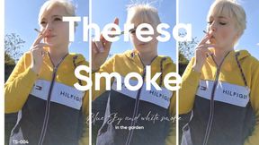 Outdoor Smoking Blonde TheresaSmoke Teases You with Cigarette in Yellow Tommy Pullover with Smoking Fetish, Lipstick, Domination