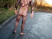 Sexy fishnet bodysuit in public