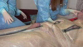 DENTAL CHECK UP with HANDJOB from Nurse Nastya and Nurse Camile on their rubber gimp with transparent surgical gloves
