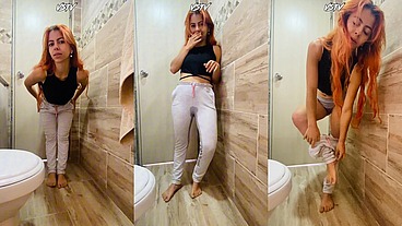Piss on yoga pants in the badroom