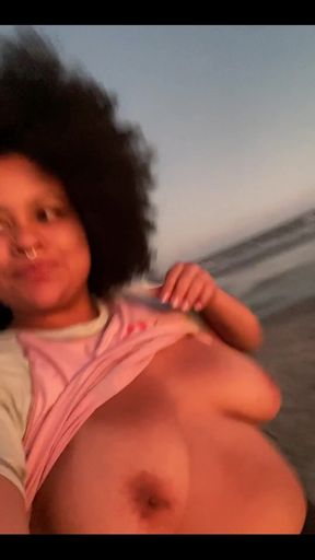 Sunset the Beach and Me with No Bra Showing off My Boobies