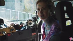 roadtrip tattooed girl fucks a girl anal with a big toys in vintage talbot express