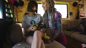 roadtrip tattooed girl fucks a girl anal with a big toys in vintage talbot express