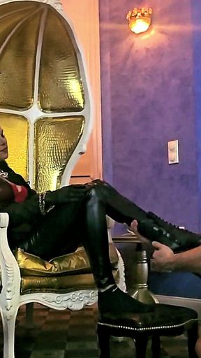 Stina Stone Femdom Feetworship Dirty Smelly Socks Barefeet by German Mistress in Leather Gloves