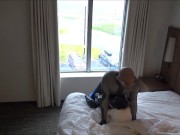 wearing silicone mask and wetsuit hump hotel pillows for guy watching me from parking lot