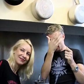 Mature French blonde fucked by two dudes in the restaurant&#039;s kitchen