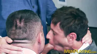 David Linset and Gustavo Cruz spit roast Steve Jouret in suited threesome