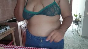 Mom in the kitchen in bralett