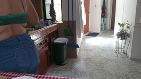 Mom in the kitchen in bralett