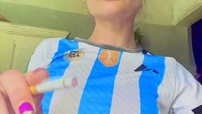 Relaxed Redhead in Argentina Jersey - Slow Creamy Exhales & Close Up Smoking
