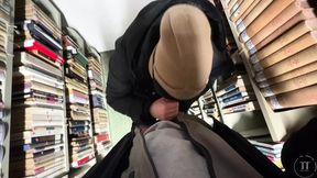 Student seduces professor in library during break, creampie in her mouth