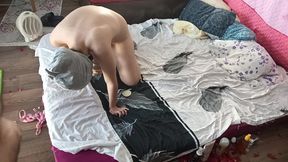 Sensual massage of a hot couple with oil on the body. Foreplay in the bedroom with an amateur couple.